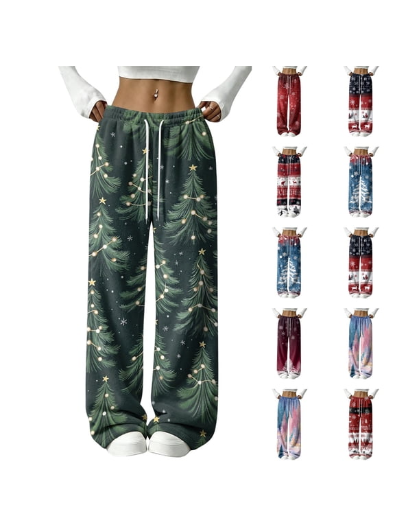 Wide Leg Sweatpant for Women Christmas Party Flannel Xmas Graphic Loose Fit Elastic Waist Trouser Lounge Festive Sweat Pant with Pockets Dark Green L