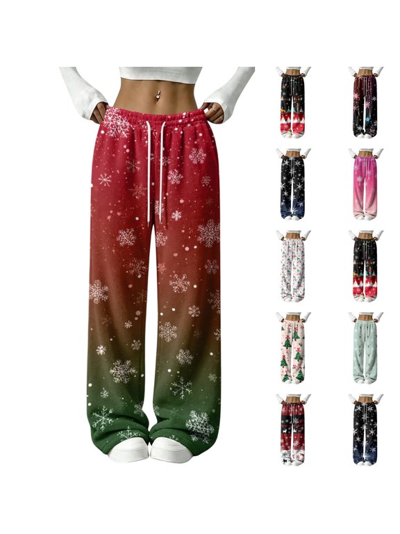 Wide Leg Sweatpants for Women Xmas Party Flannel Snowflake Christmas Night Relaxing Wear Pants Lounge Festive Cozy Trouser with Pockets Green M