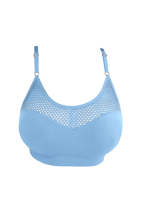Wireless Bras For Women No Underwire Supportive Mesh Crossover Bra Seamless Push Up Thin Straps Sports Bralettes Blue Medium