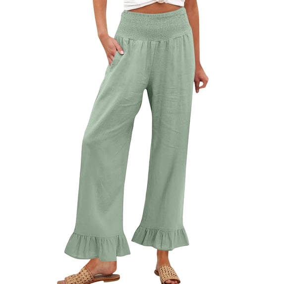 Lumtrix Woman Linen Ruffle Hem Pant Smocked Elastic High Waist Crop Pants Spring Summer Baggy Trousers with Pockets Mint Green M