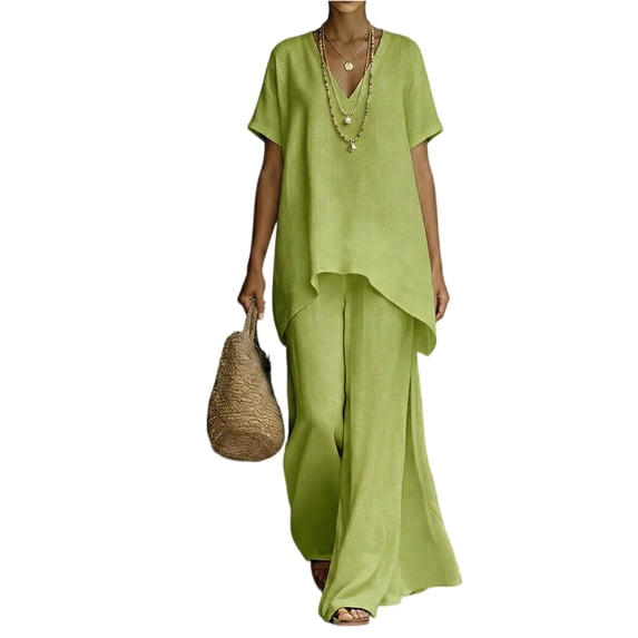 Lumtrix Women 2 Piece Linen Set Flowy Short Sleeve Irregular Hem Top And Wide Leg Pants Trousers Suits Summer Vacation Outfits Green M