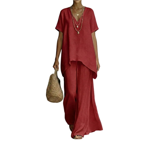 Lumtrix Women 2 Piece Linen Set Flowy Short Sleeve Irregular Hem Top And Wide Leg Pants Trousers Suits Summer Vacation Outfits Red M