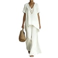 thumbnail image 1 of Lumtrix Women 2 Piece Linen Set Flowy Short Sleeve Irregular Hem Top And Wide Leg Pants Trousers Suits Summer Vacation Outfits White L, 1 of 5