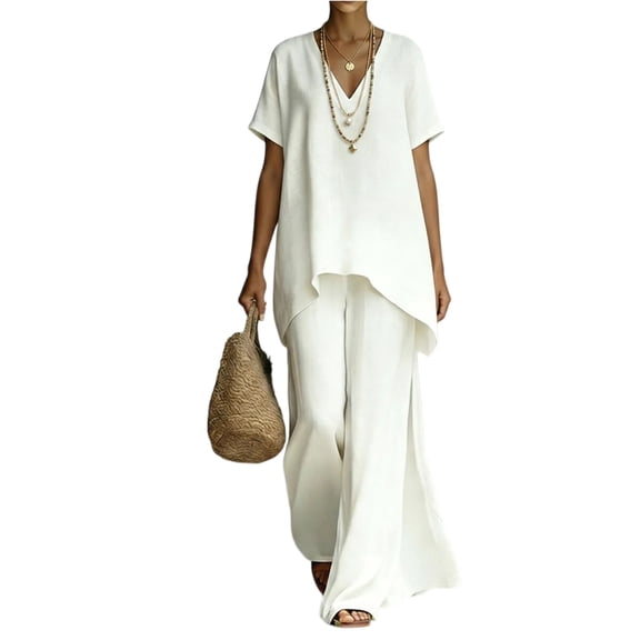Lumtrix Women 2 Piece Linen Set Flowy Short Sleeve Irregular Hem Top And Wide Leg Pants Trousers Suits Summer Vacation Outfits White S