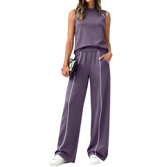 Lumtrix Women 2 Piece Lounge Sets Sweatsuit Spring Summer Outfits Matching Wide Leg Pants Set Tracksuit Trendy Clothes Purple M