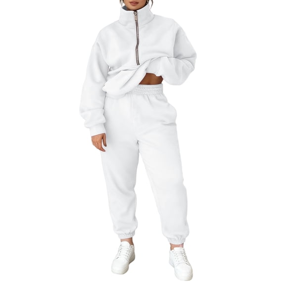 Lumtrix Women 2 Piece Outfits Sweatsuit Oversized Half Zip Sweatshirt Wide Leg Sweatpant Casual Lounge Matching Set Tracksuit White S