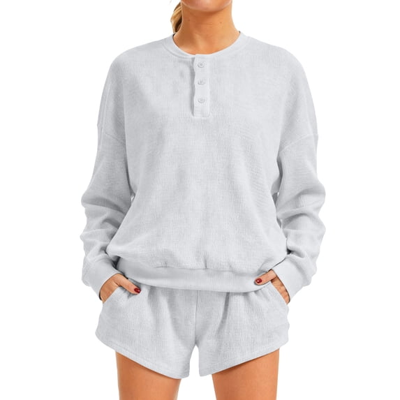 Lumtrix Women 2 Piece Sweatsuit Outfits Oversized Long Sleeve Crew Neck Sweatshirt Shorts Pockets Comfy Casual Lounge Sets White L
