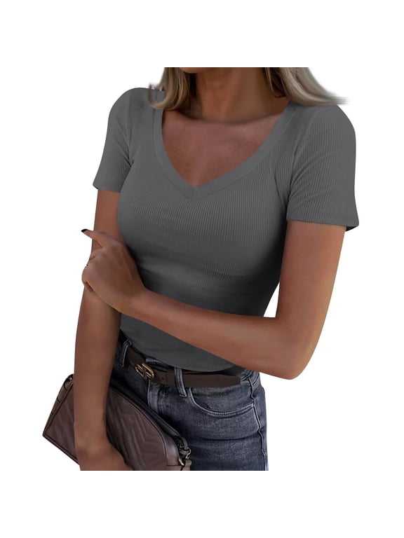Women 2026 Summer Tops Trendy Ribbed Short Sleeve V Neck Fitted Basic Tee Trendy Casual Going Out Vacation Shirts Dark Gray L