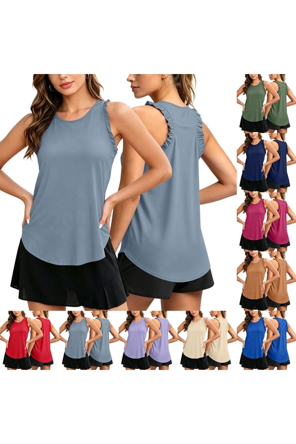 Women Athletic Tank Tops Ruffle Sleeveless Racerback Crewneck Shirts Casual Loose Running Gym Yoga Quick Dry Tee Red M