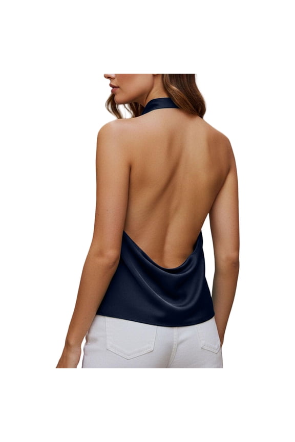 Women Backless Halter Tops Cute High Neck Satin Tank Tops Cowl Neck Open Back Going Out Tops Black M