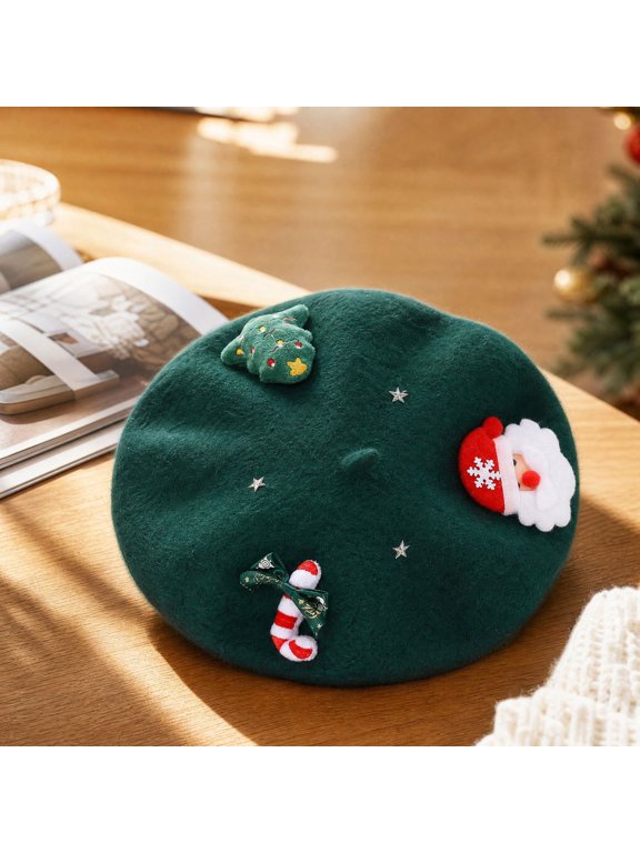 Women Beret Hats Christmas Church Hat Classic Winter Artist Caps Cute 3D Festive Decorations Cap Green One Size