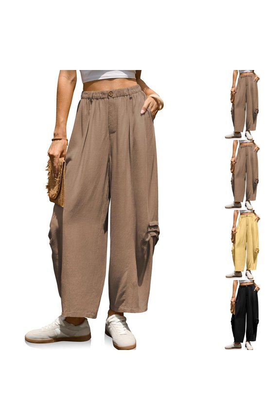 Women Boho Linen Harem Pants Loose Fit Casual Barrel Cropped Pants Boho Summer Vacation Wide Leg Pants with Pocket Gray M