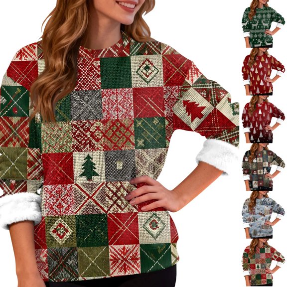Lumtrix Women Christmas Casual Sweatshirt Funny Fleece T Shirt Cute Long Length Sleeve christmas pattern Lightweight Sweatshirt Red 2XL