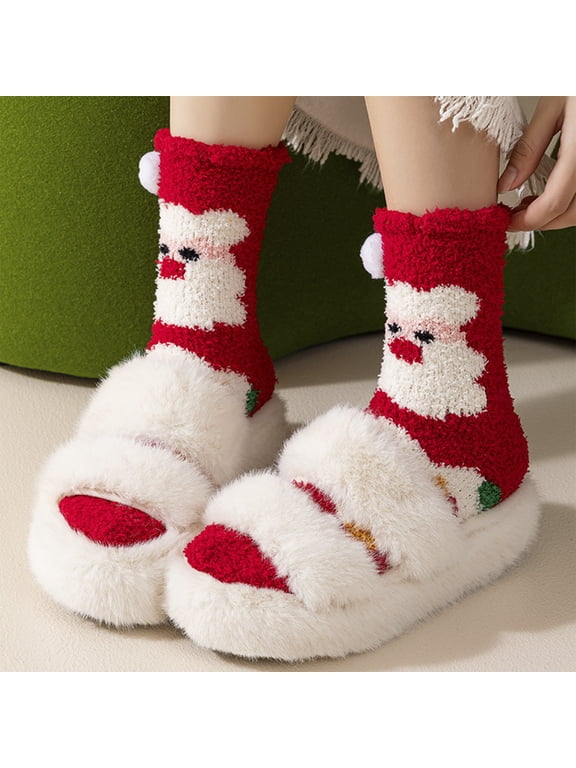 Women Christmas Fuzzy Socks Fluffy Cozy Slipper Socks Fall Winter Gifts Comfortable Indoor Home Socks A One Size