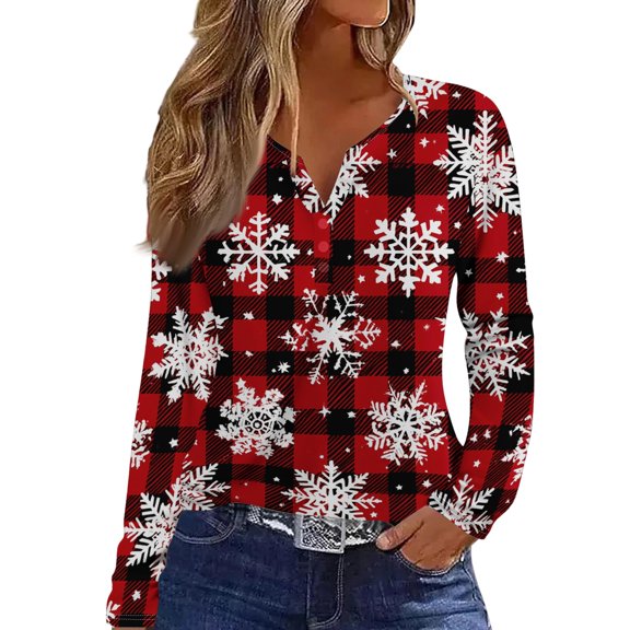 Lumtrix Women Christmas Shirts Fall V Neck Long Sleeve T-Shirts Graphic Print Baggy Blousers Black L