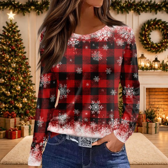Lumtrix Women Christmas Shirts Pattern Print T-Shirts Trendey Long Sleeve Crew Neck Baggy Blousers Black 3XL