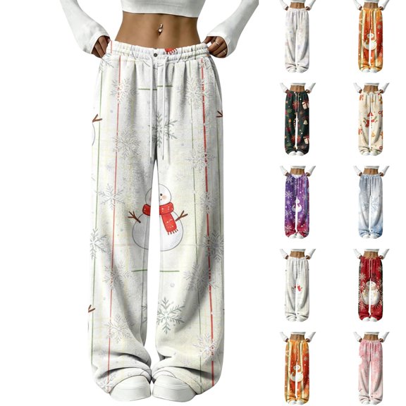 Lumtrix Women Christmas Sweatpants Xmas Graphic Flannel Elastic Waist Loose Fit Pants Cozy Lounge Festive Trouser with Pockets Beige XL