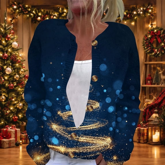 Lumtrix Women Christmas Top Christmas Print Knitted Casual Long Sleeves Coat Sweaters Knitted Fall Winter Long Sleeves Coat Navy M
