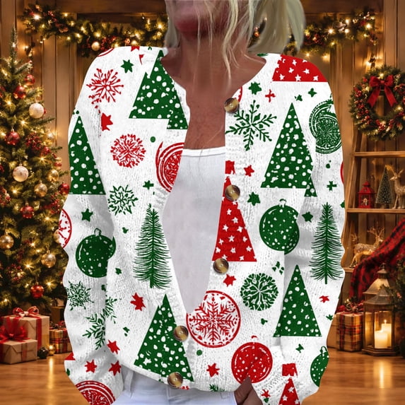 Lumtrix Women Christmas Top Christmas Print Long Sleeves Knitted Casual Coat Sweater Fall Winter Long Sleeves Knitted Coat Dark Green L