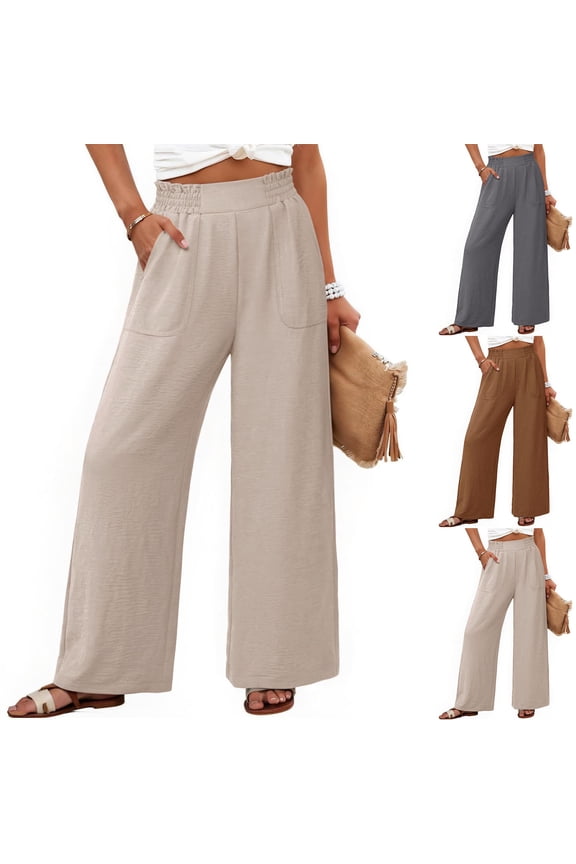 Women Cotton Linen Palazzo Pants Summer Boho Wide Leg High Waist Casual Lounge Pant 2026 Beach Travel Vacation Trousers with Pockets Gray S