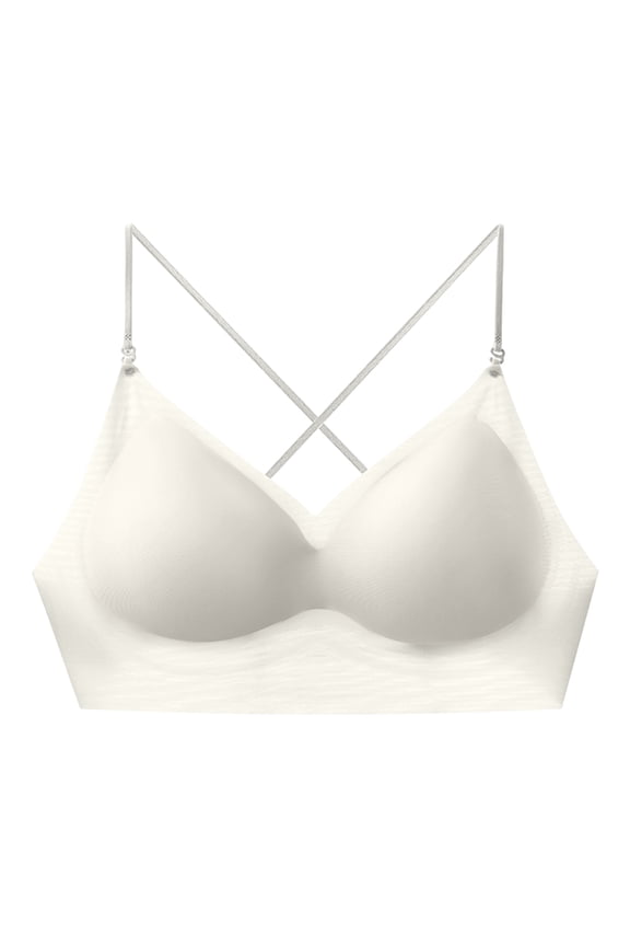 Women Cross Back Bra Padded Seamless No Underwire Deep V Neck Thin Straps Bralettes White 34