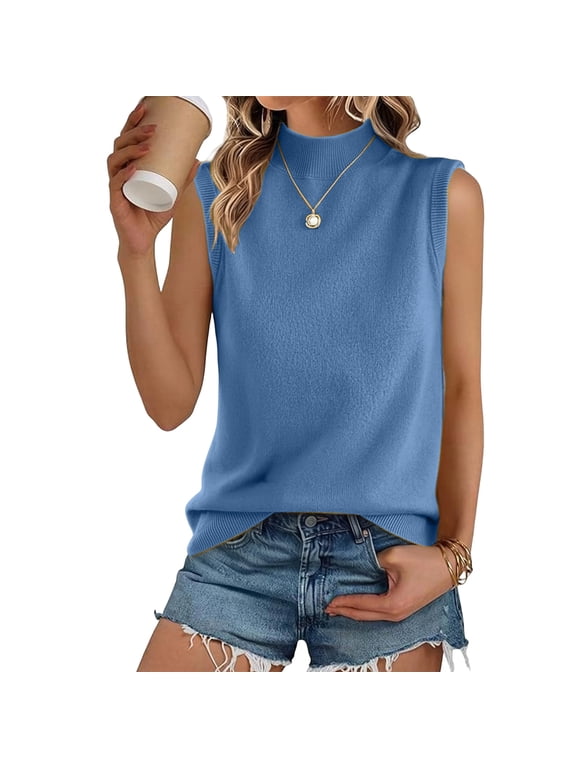 Women Elegant Turtleneck Sweater Vest Summer Fall Trendy Casual Solid Sleeveless Tank Top Royal Blue XL