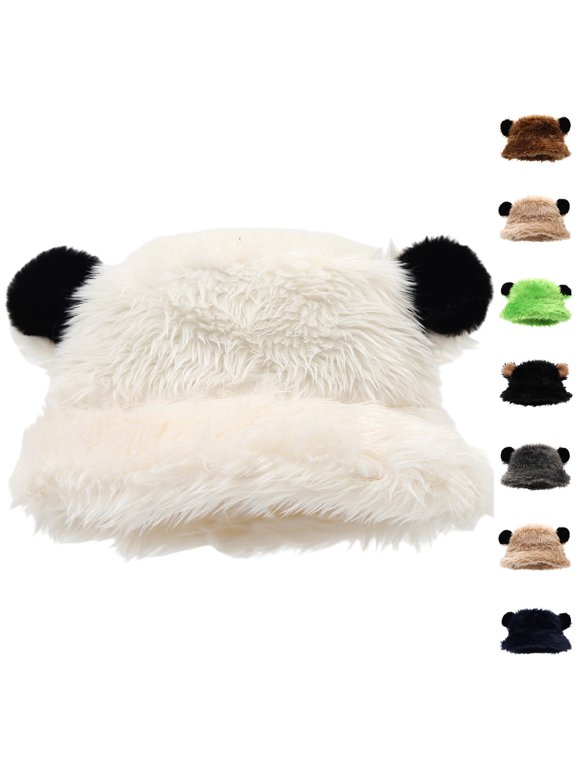 Women Faux Fur Plush Bucket Hat Cute Bear Ears Winter Fisherman Hat Thick Warm Fluffy Furry Bucket Hat Beige One Size