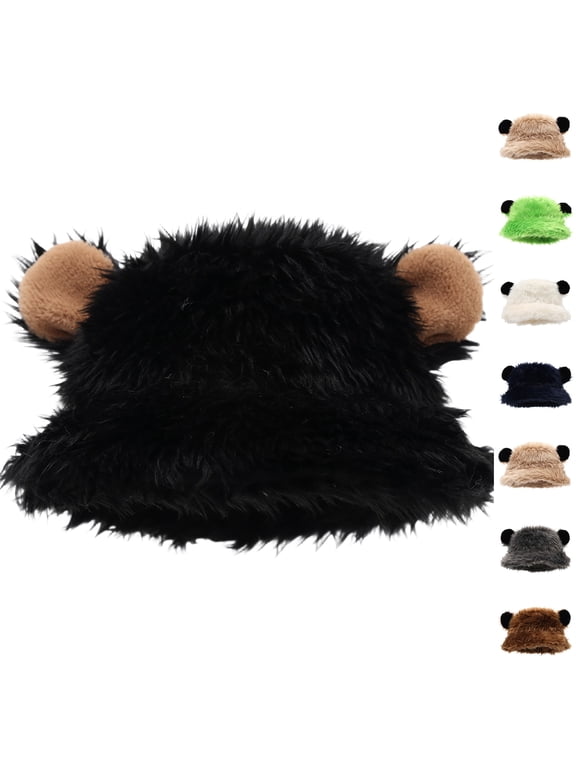 Women Faux Fur Plush Bucket Hat Cute Bear Ears Winter Fisherman Hat Thick Warm Fluffy Furry Bucket Hat Black One Size