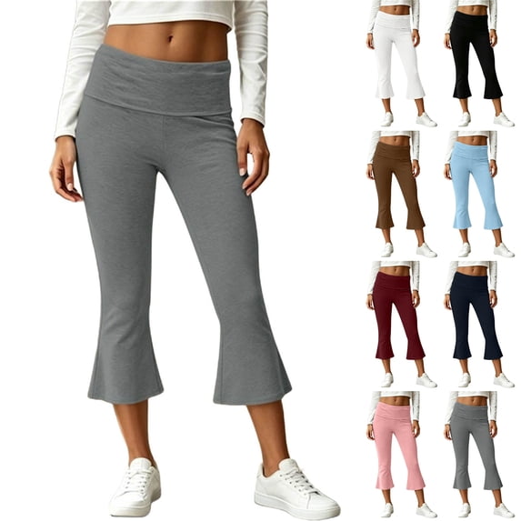 Lumtrix Women Fold Over Capri Pants Mid Rise Foldover Yoga Leggings Knee Length Cropped Flared Bell Bottom Capris Gray S