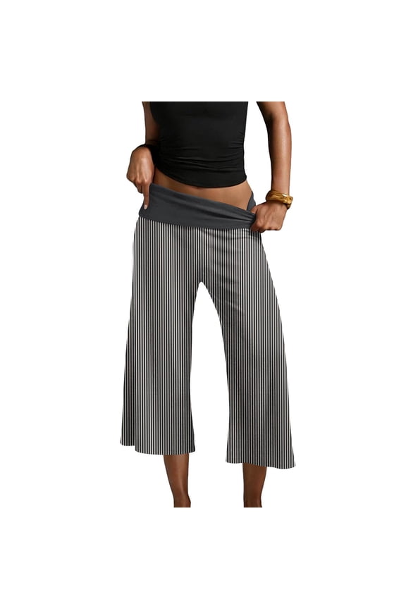 Women Fold Over Flare Capri Gaucho Pants Steripped Low Rise Wide Leg Cropped Lounge Pants Capris Flowy Yoga Culottes Black 2XL
