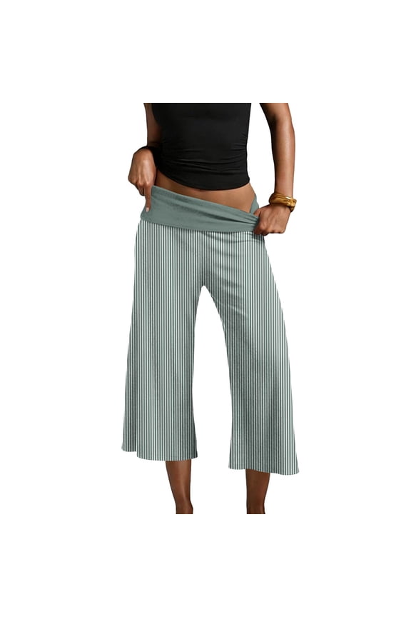 Women Fold Over Flare Capri Gaucho Pants Steripped Low Rise Wide Leg Cropped Lounge Pants Capris Flowy Yoga Culottes Green XL