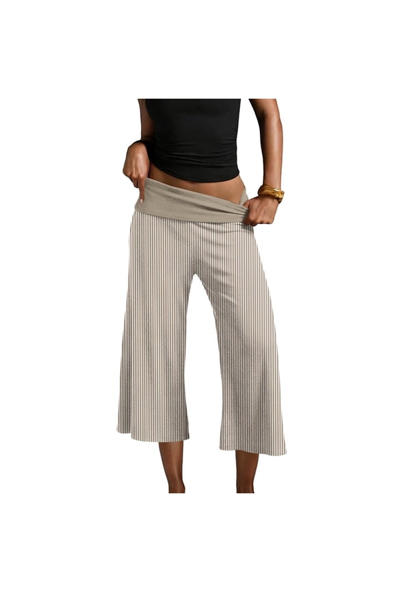 Women Fold Over Flare Capri Gaucho Pants Steripped Low Rise Wide Leg Cropped Lounge Pants Capris Flowy Yoga Culottes Khaki L