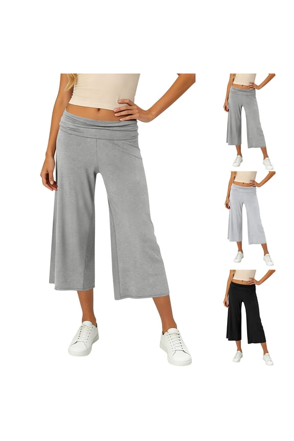 Women Fold Over Low Waist Capris Gaucho Pants Wide Leg Flowy Cropped Culottes Trousers Casual Loose Yoga Lounge Pants Black XL