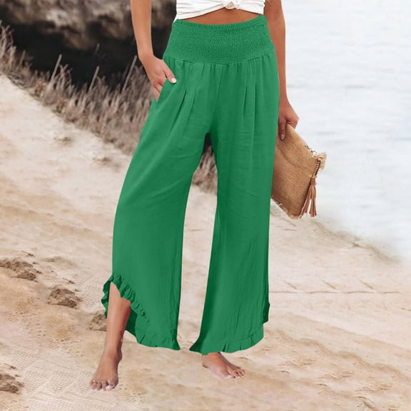 Lumtrix Women High Smocked Waisted Wide Leg Cropped Palazzo Pants with Pockets Cute Ruffle Boho Flowy Beach Pant with Pockets Green L