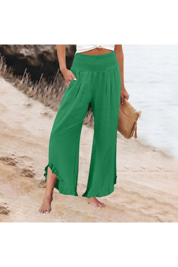 Women High Smocked Waisted Wide Leg Cropped Palazzo Pants with Pockets Cute Ruffle Boho Flowy Beach Pant with Pockets Green S