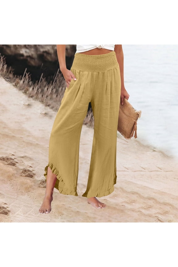 Women High Smocked Waisted Wide Leg Cropped Palazzo Pants with Pockets Cute Ruffle Boho Flowy Beach Pant with Pockets Khaki XL