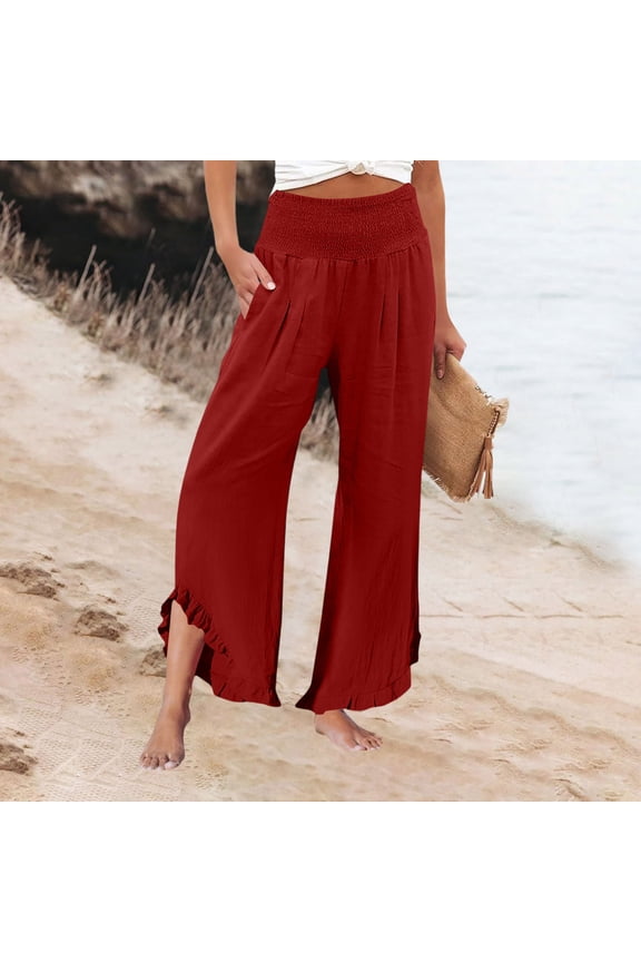 Women High Smocked Waisted Wide Leg Cropped Palazzo Pants with Pockets Cute Ruffle Boho Flowy Beach Pant with Pockets Wine M