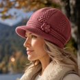 thumbnail image 1 of Lumtrix Women Knit Newsboy Hat with Crochet Flower Winter Warm Beanie Cap with Brim Vintage Slouchy Cabbie Hat for Fall Winter Light pink One Size, 1 of 5