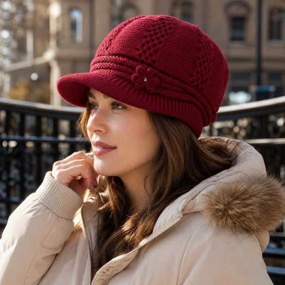 Lumtrix Women Knit Newsboy Hat with Crochet Flower Winter Warm Beanie Cap with Brim Vintage Slouchy Cabbie Hat for Fall Winter Deep Red One Size