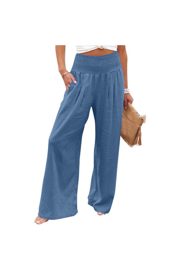 Women Linen Palazzo Pants Summer Boho Wide Leg High Waist Casual Lounge Pant 2026 Beach Travel Vacation Trousers with Pockets Blue M
