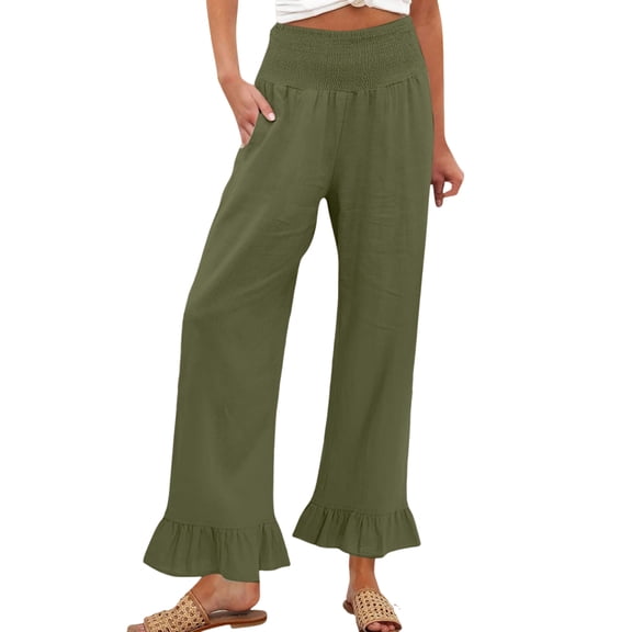 Lumtrix Women Linen Pants Dressy Casual Summer Boho Ruffle Hem Wide Leg Cropped Pants Smocked High Waisted Palazzo Pant Army Green 2XL