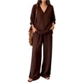 thumbnail image 1 of Lumtrix Women Linen Sets 2 Piece Summer Long Sleeve V Neck Shirts Matching Wide Leg Pants with Pockets Beach Outfits Brown M, 1 of 5
