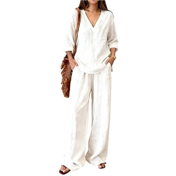 Lumtrix Women Linen Sets 2 Piece Summer Long Sleeve V Neck Shirts Matching Wide Leg Pants with Pockets Beach Outfits White L