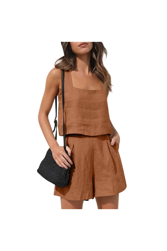 Women Linen Shorts Sets 2 Piece Sleeveless Square Neck Crop Tank Tops High Waist Lounge Shorts Loose Summer Outfitts Brown S