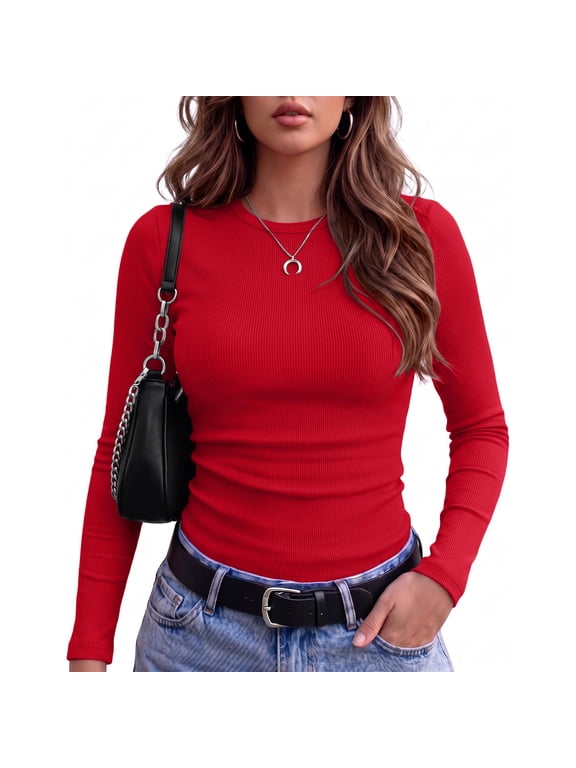 Women Long Sleeve Shirts Ribbed Tops Crewneck Basic Tee Stretchy Fall Business Casual Daily Wear For Going Out Work Red S