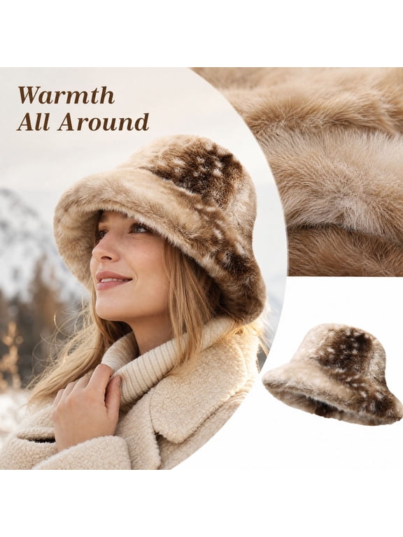 Women Men Deer Print Faux Fur Bucket Hat Soft Fluffy Plush Winter Fisherman Hat Thick Warm Wide Brim Fashion Hat for Cold Weather Outdoor Coffee One Size