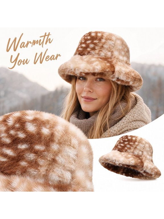 Women Men Deer Print Faux Fur Bucket Hat Soft Fluffy Plush Winter Fisherman Hat Thick Warm Wide Brim Fashion Hat for Cold Weather Outdoor Light Brown One Size