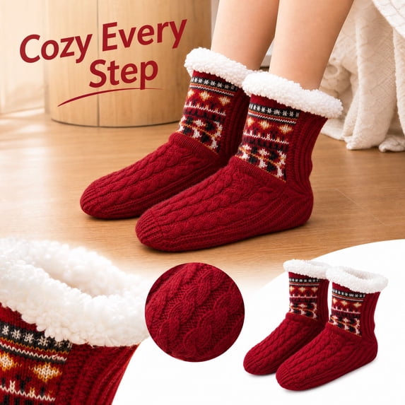 Lumtrix Women and Men Fuzzy Slipper Socks Fluffy Winter Soft Warm Plush Fleece Boot Indoor Floor Grippers Socks, Thick Heavy Thermal Lined Sherpa Socks Cozy Gift Red M
