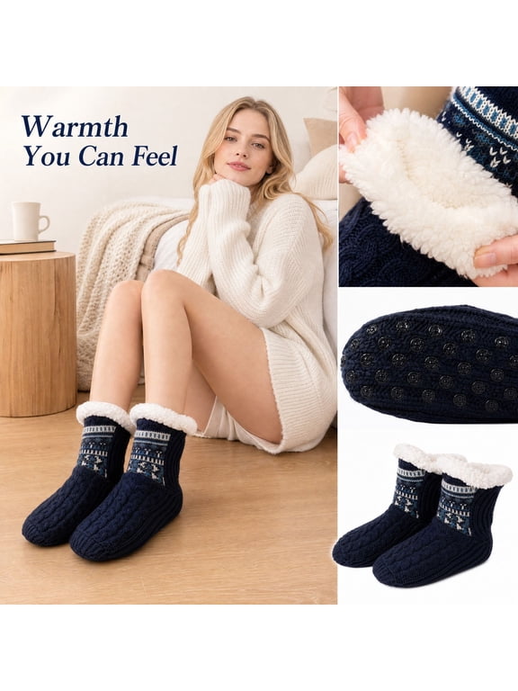 Women and Men Fuzzy Slipper Socks Fluffy Winter Soft Warm Plush Fleece Boot Indoor Floor Grippers Socks, Thick Heavy Thermal Lined Sherpa Socks Cozy Gift Navy S
