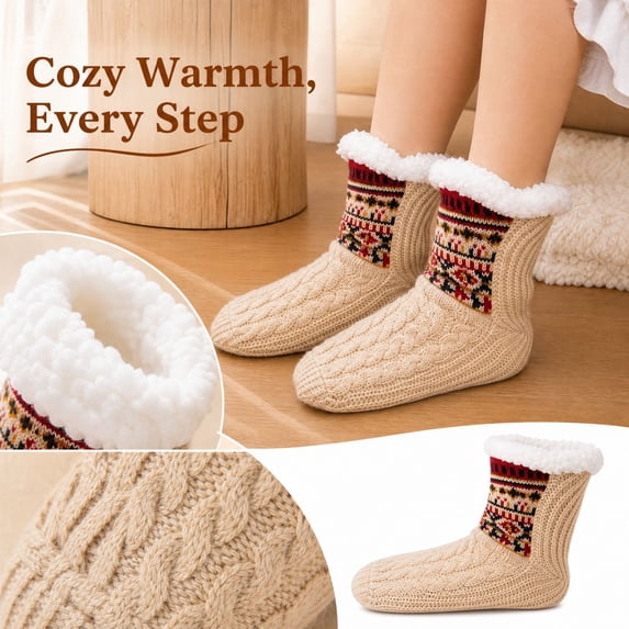 Lumtrix Women and Men Fuzzy Slipper Socks Fluffy Winter Soft Warm Plush Fleece Boot Indoor Floor Grippers Socks, Thick Heavy Thermal Lined Sherpa Socks Cozy Gift Beige S
